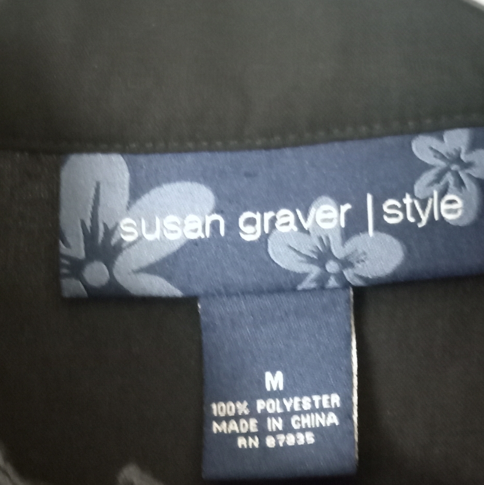 Susan Graver Style Button Down Black Blue Vintage Blouse -Shoulder Pads -Size: M - Picture 6 of 10